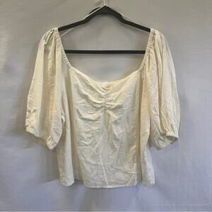 H&M Cream Ruched Puff Sleeve Linen Blend Blouse Large Cropped Cottagecore Airy